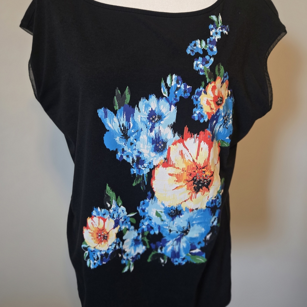 Black Floral Short Sleeve Tee with Blue and Orange Blooms